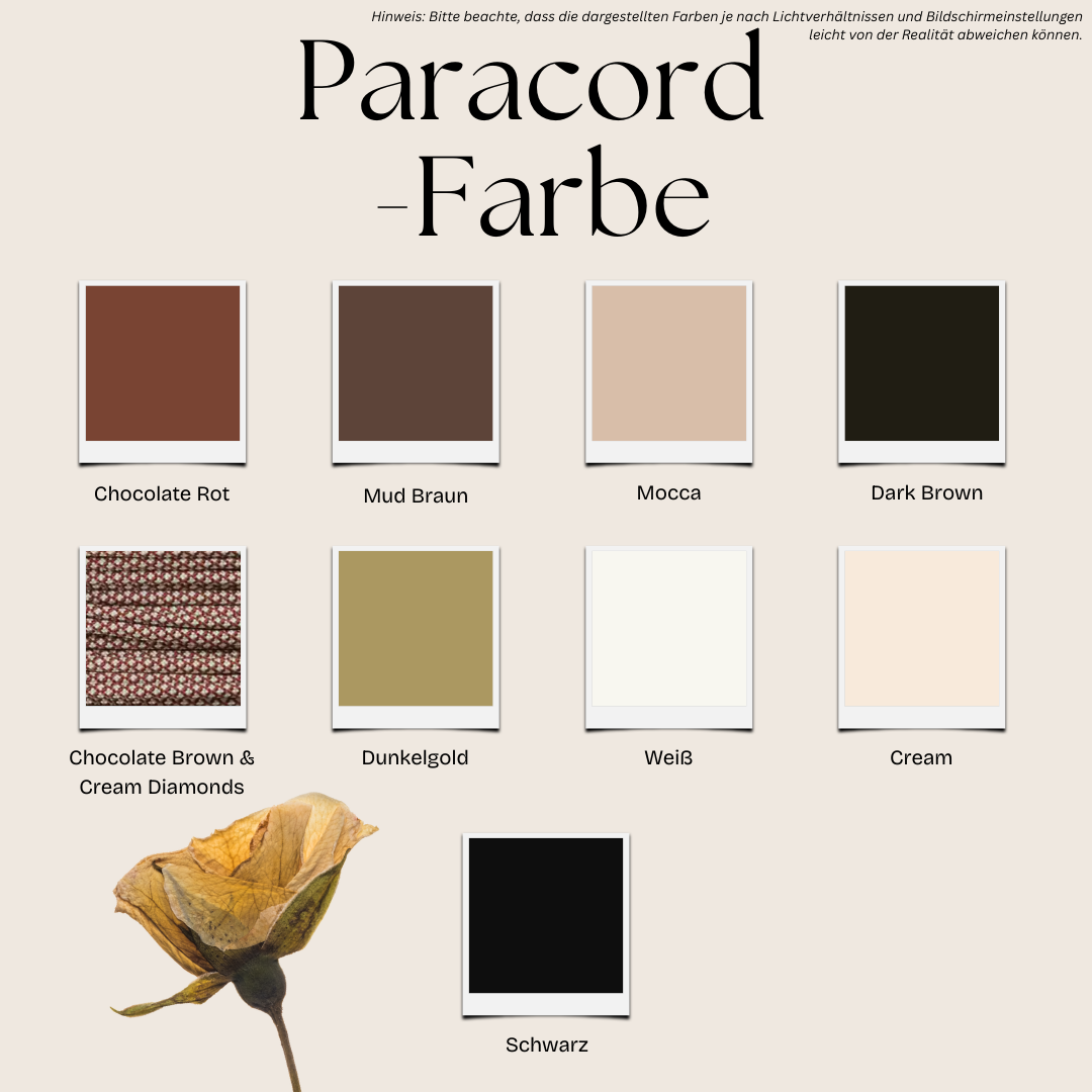 Paracord Farbkarte natur: Chocolate Rot, Mud Braun, Mocca, Dark Brown, Chocolate Brown & Cream Diamonds, Dunkelgold, Weiß, Cream, Schwarz – für Pama Paracord-Hundeleinen.