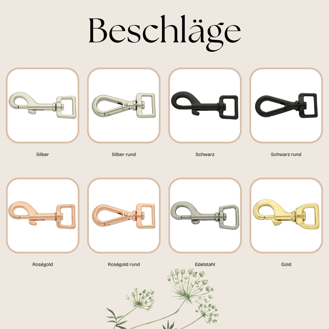 Auswahl an Karabinern/Beschlägen für Hundeleine: Silber, Silber rund, Schwarz, Schwarz rund, Roségold, Roségold rund, Edelstahl, Gold – Pama Paracord/Biothane.