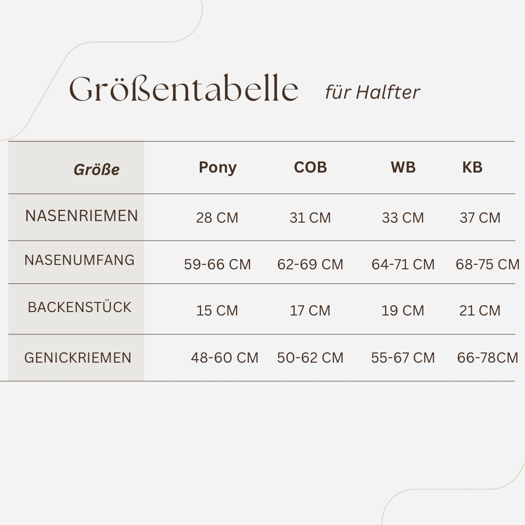 Größentabelle für Halfter – Maße für Pony, COB, WB und KB, inklusive Nasenriemen, Backenstück und Genickriemen zur optimalen Passform.