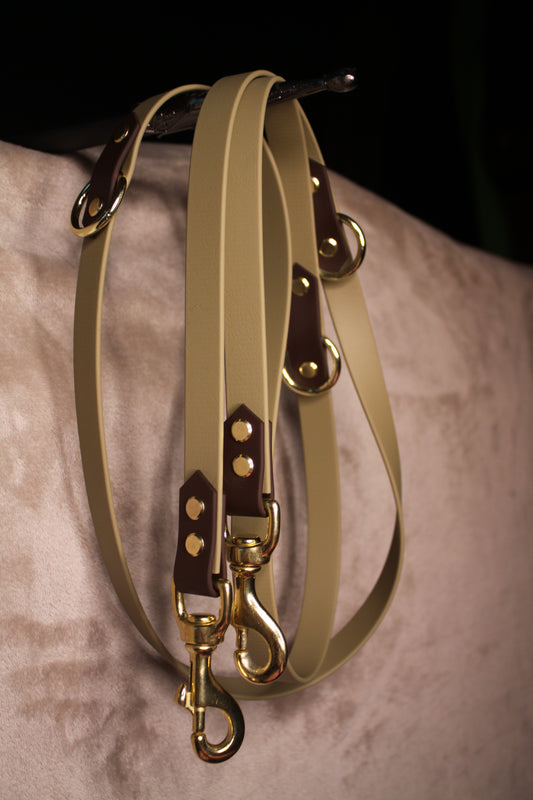 Handgefertigte Biothane® Hundeleine in Beige mit braunen Akzenten und goldenen Beschlägen – verstellbare, wetterfeste Leine von Pama.