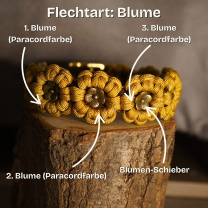 Flechtart „Blume“ – Paracord-Halfter mit dekorativen Blütenelementen und Blumenschiebern in Wunschfarben, handgefertigt von Pama.