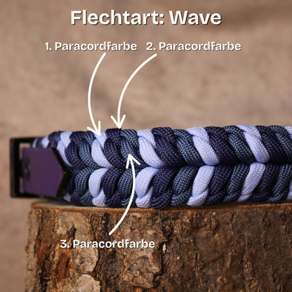 Flechtart „Wave“ – handgefertigtes Paracord-Halfter in Blautönen, zeigt die individuelle Farbwahl und dreifarbige Flechtung von Pama.
