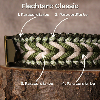 Beispielabbildung der Flechtart „Classic“ mit vier markierten Paracordfarben – zeigt die individuelle Farbgestaltungsmöglichkeiten des Halfters.