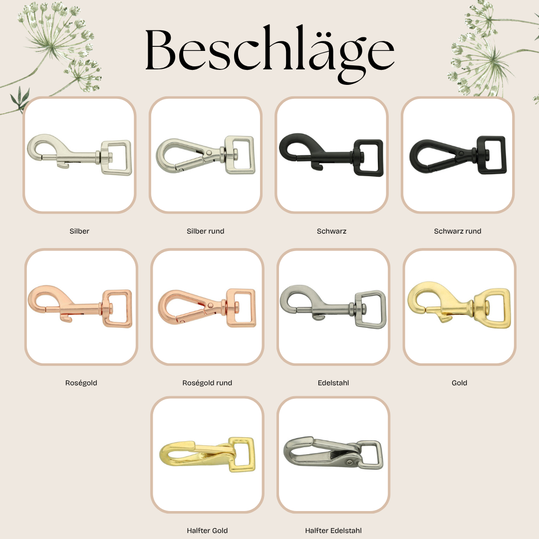 Übersicht der verfügbaren Beschläge für Biothane® Gertenhalter-Riemen von Pama: Silber, Roségold, Gold, Schwarz, Edelstahl u.a.