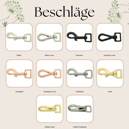 Übersicht der verfügbaren Beschläge für Biothane® Gertenhalter-Riemen von Pama: Silber, Roségold, Gold, Schwarz, Edelstahl u.a.