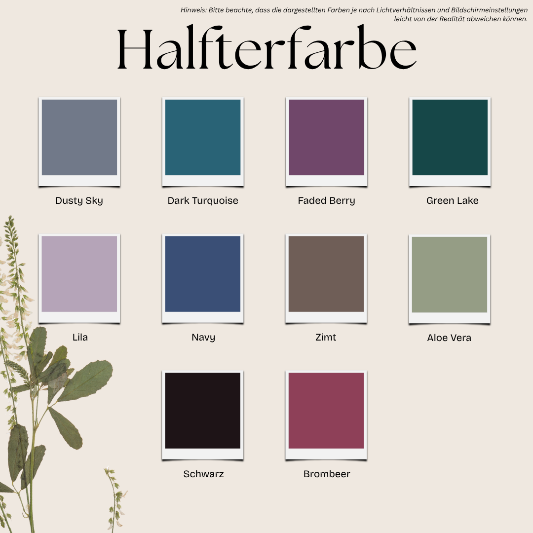 Farbpalette für Halfter: Zehn wählbare Farbtöne von Dusty Sky bis Brombeer zur individuellen Gestaltung des gepolsterten Halfters mit Blumen.