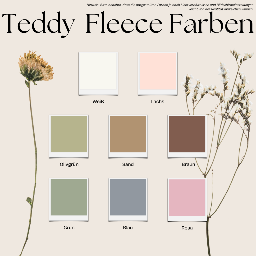 Übersicht der Teddy-Fleece-Farben: Acht Farbtöne wie Weiß, Sand, Olivgrün und Rosa – für die komfortable Polsterung des Halfters auswählbar.