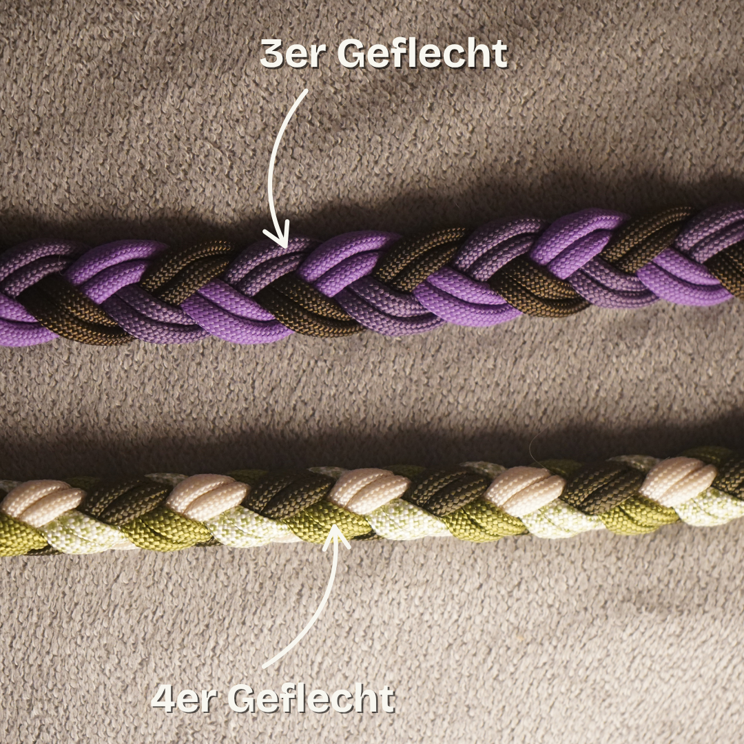 Vergleich von 3er- und 4er-Geflecht einer Paracord Hundeleine – unterschiedliche Flechtarten und Designs für individuelle Konfiguration bei Pama.