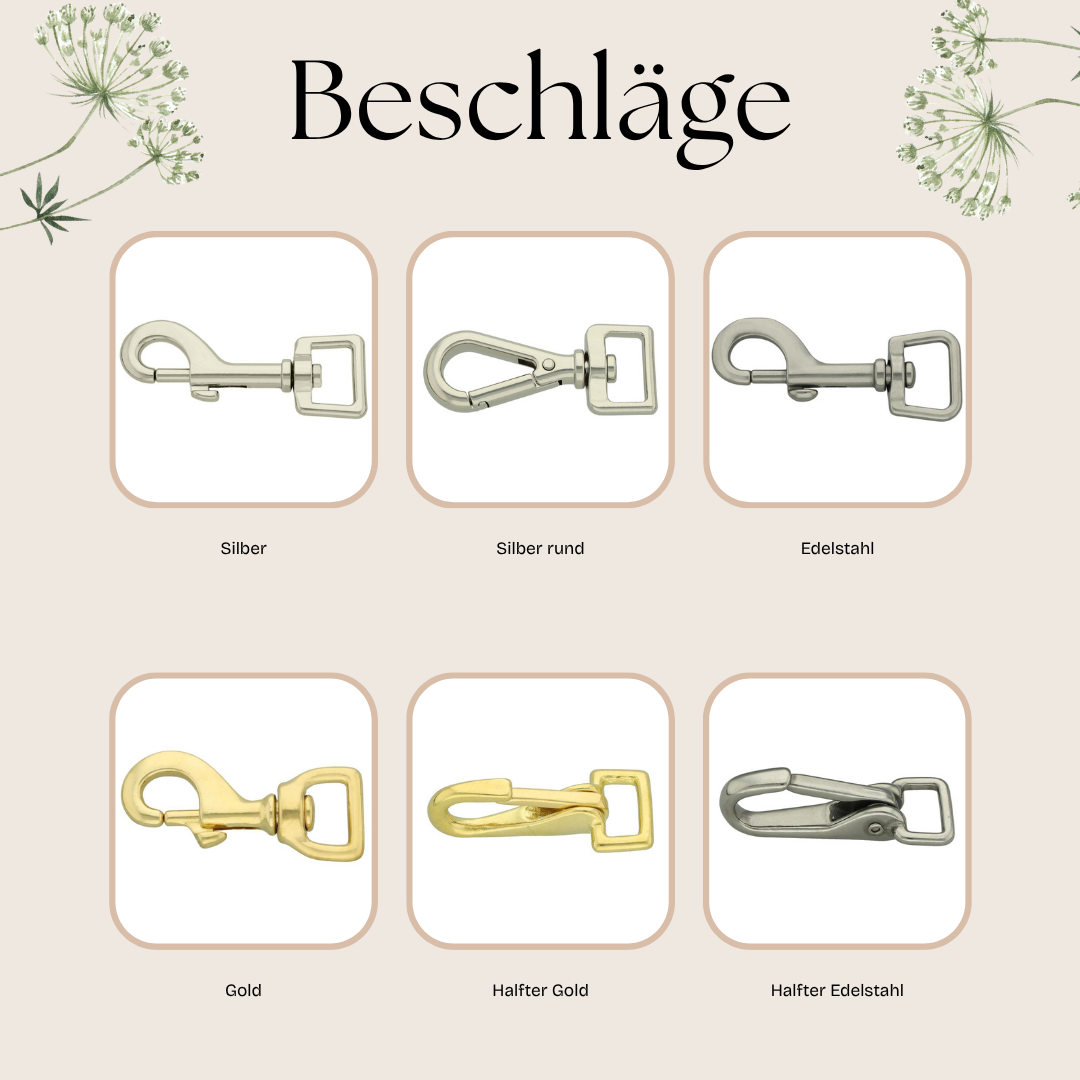 Übersicht der Halfter-Beschläge – Silber, Silber rund, Edelstahl, Gold, Halfter-Gold & Halfter-Edelstahl. Passende Karabiner für Pama Halftersysteme.